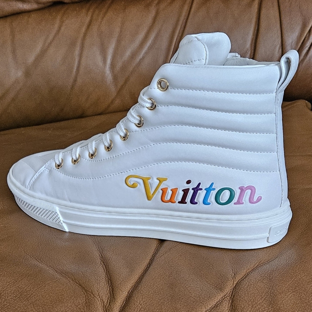 Women's Louis Vuitton White Leather Rainbow Logo Hightop Sneakers Size 6.5 US - Picture 4 of 16